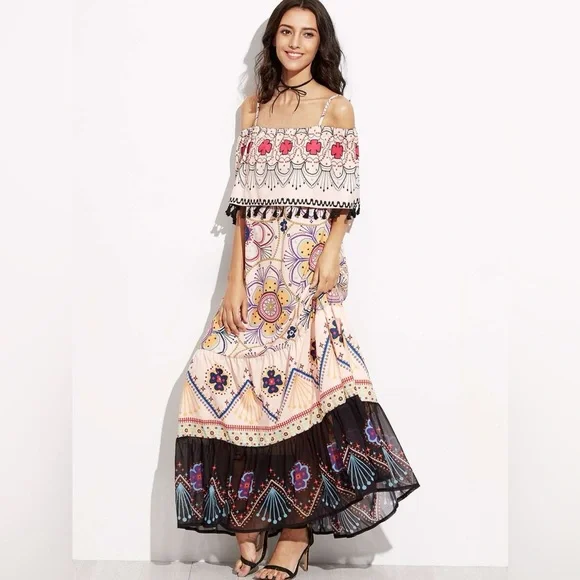 knee length dresses for ladies Multi Color Printed Off Shoulder Maxi Dress